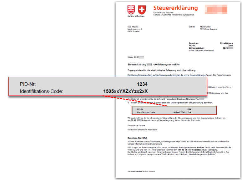 Wo finde ich die pid nr und den identifikations code etax nidwalden